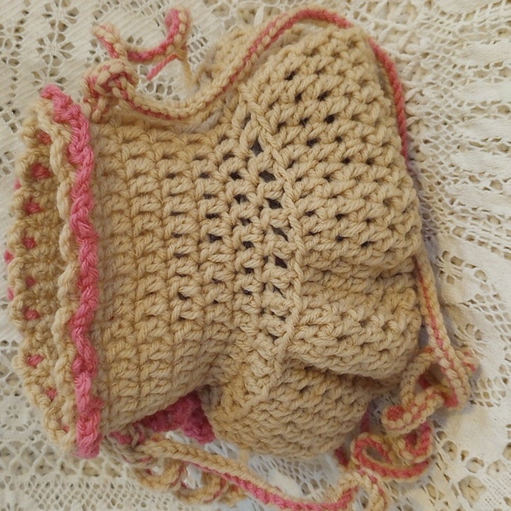 Handmade Crochet beige/Pink Bag Set with tissue case - Picture 3 of 4